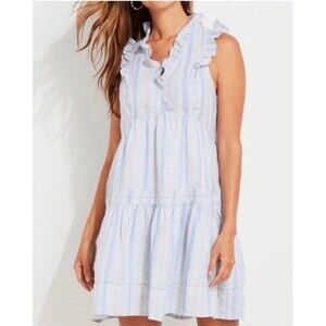 NWT Vineyard Vines Tiered Ruffle Dress Pebble Gray/Blue Linen Size XL
